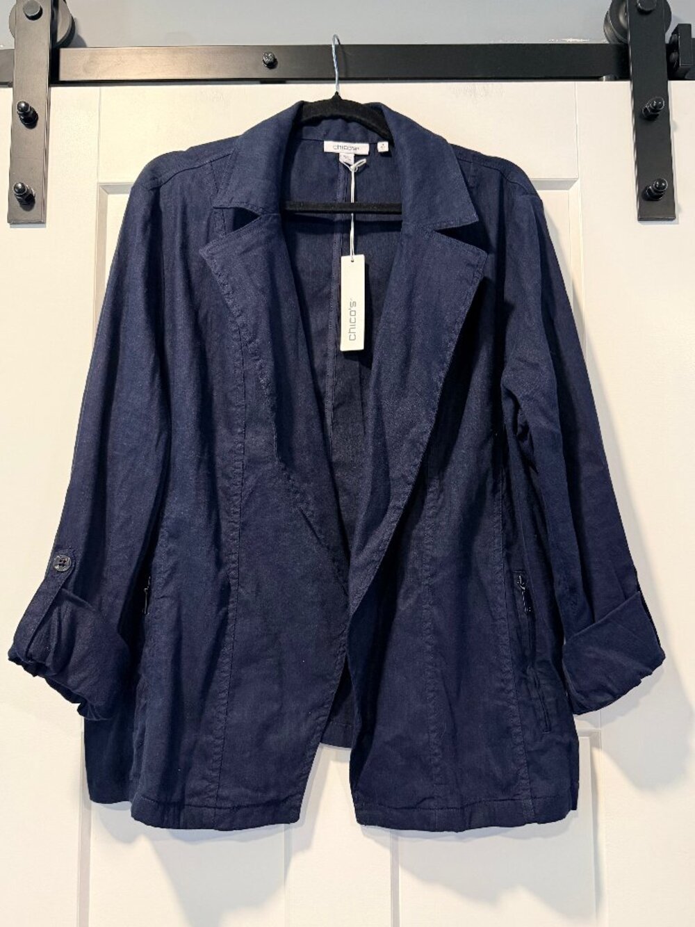 NWT Chico's Navy Blue Stretch Linen Long-Sleeve Jacket